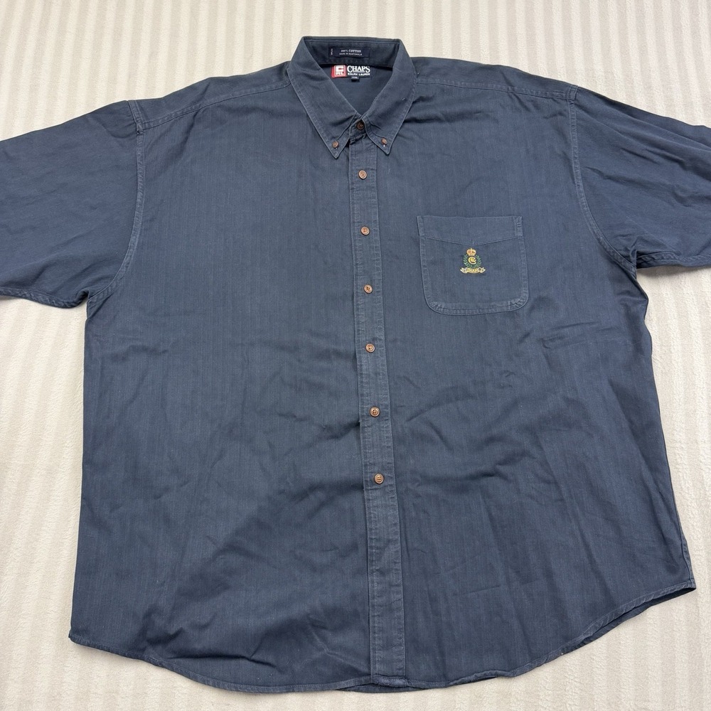 Vintage Chaps Ralph Lauren Mens XXL Navy Blue Crest Logo Button Down Shirt LS